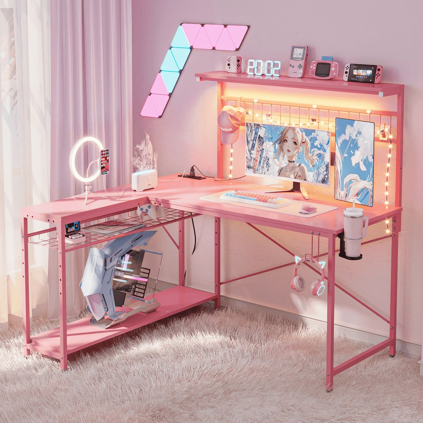51 L Shaped Gaming Desk with Power Outlets, LED Workstation with 4 Tiers Shelves for Home Office, Gamer Reversible Table with Hooks and Cup Holder,Carbon Fiber Pink