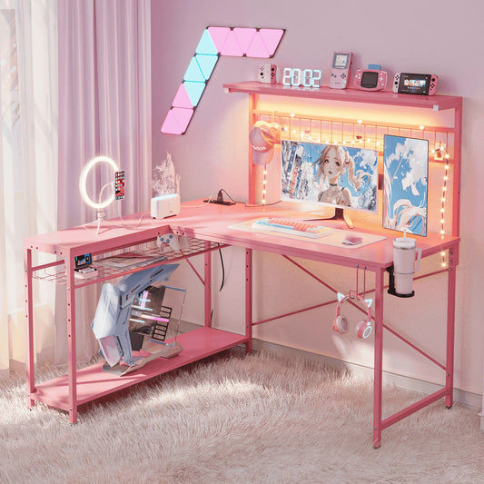 51 L Shaped Gaming Desk with Power Outlets, LED Workstation with 4 Tiers Shelves for Home Office, Gamer Reversible Table with Hooks and Cup Holder,Carbon Fiber Pink