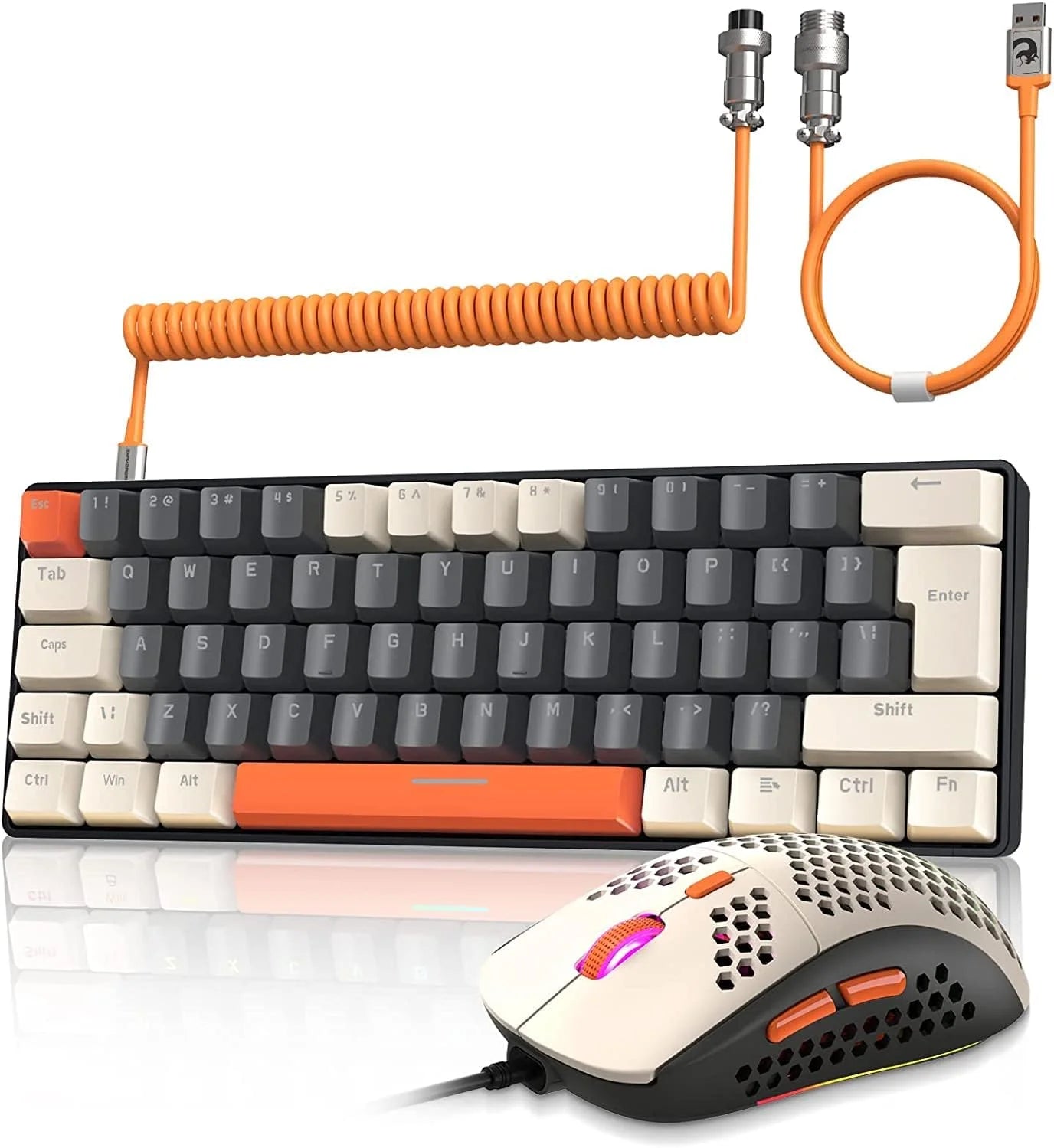 T60PRO 60% Mechanical Keyboard and Mouse Combo+Coiled USB C Cable, Compact RGB LED Backlit Keyboard, Clicky Blue Switch, 6400 DPI Programmable RGB Mouse for PC Mac Gamer(Gray&Orange)
