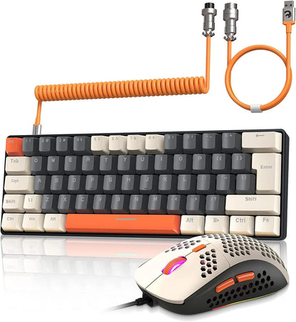 T60PRO 60% Mechanical Keyboard and Mouse Combo+Coiled USB C Cable, Compact RGB LED Backlit Keyboard, Clicky Blue Switch, 6400 DPI Programmable RGB Mouse for PC Mac Gamer(Gray&Orange)
