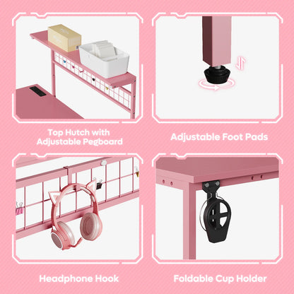51 L Shaped Gaming Desk with Power Outlets, LED Workstation with 4 Tiers Shelves for Home Office, Gamer Reversible Table with Hooks and Cup Holder,Carbon Fiber Pink