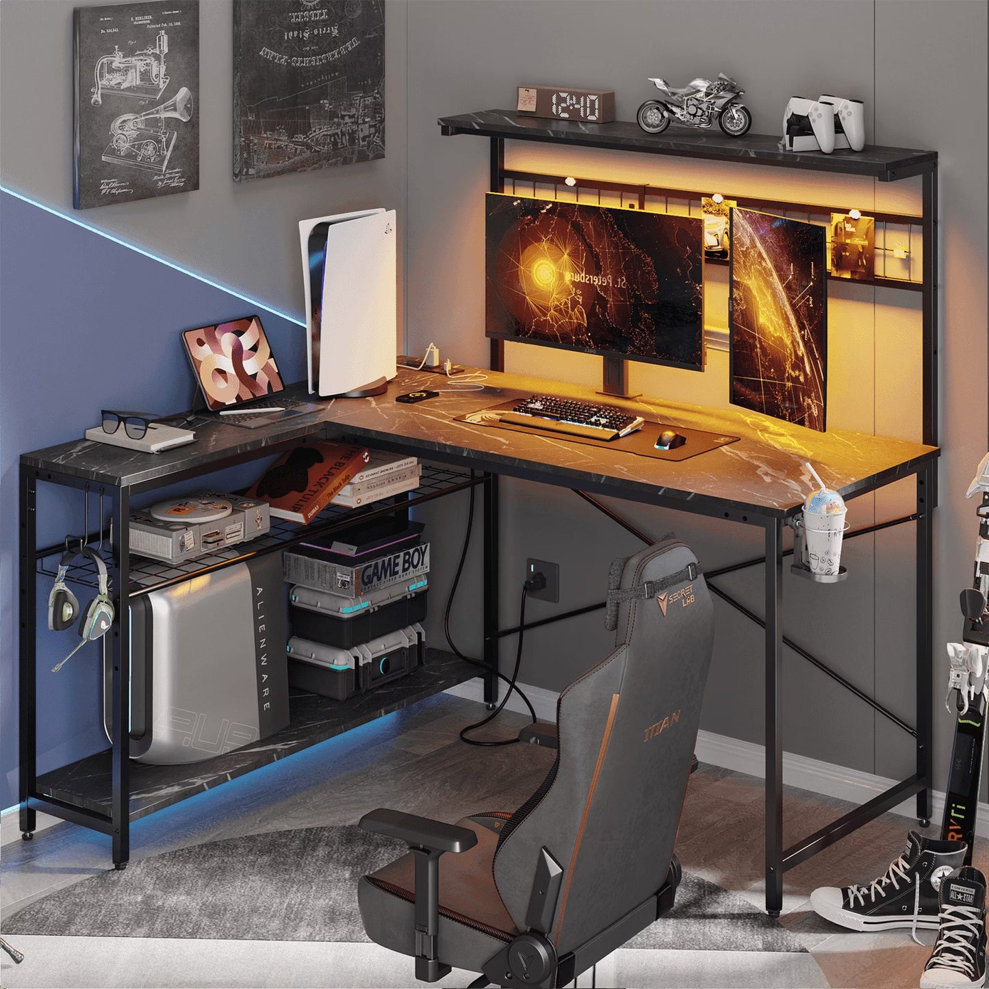 51 L Shaped Gaming Desk with Power Outlets, LED Workstation with 4 Tiers Shelves for Home Office, Gamer Reversible Table with Hooks and Cup Holder, Black Marble