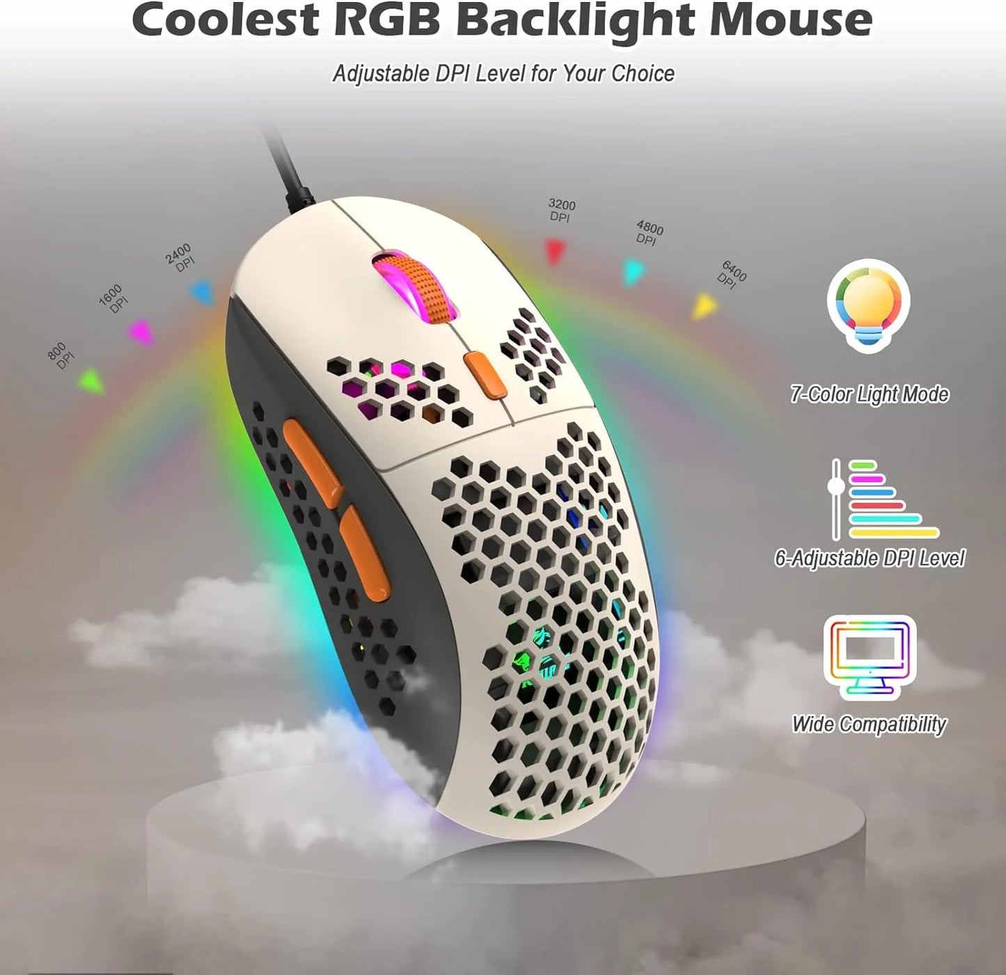 T60PRO 60% Mechanical Keyboard and Mouse Combo+Coiled USB C Cable, Compact RGB LED Backlit Keyboard, Clicky Blue Switch, 6400 DPI Programmable RGB Mouse for PC Mac Gamer(Gray&Orange)