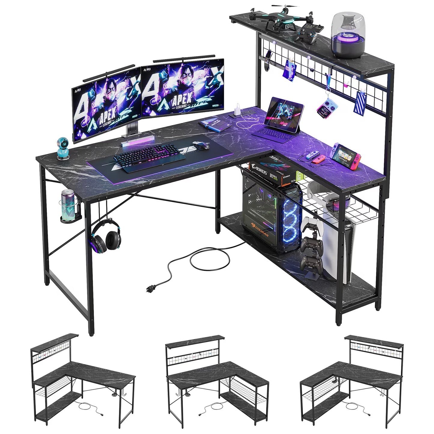 51 L Shaped Gaming Desk with Power Outlets, LED Workstation with 4 Tiers Shelves for Home Office, Gamer Reversible Table with Hooks and Cup Holder, Black Marble