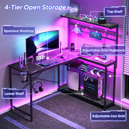 51 L Shaped Gaming Desk with Power Outlets, LED Workstation with 4 Tiers Shelves for Home Office, Gamer Reversible Table with Hooks and Cup Holder, Black Marble