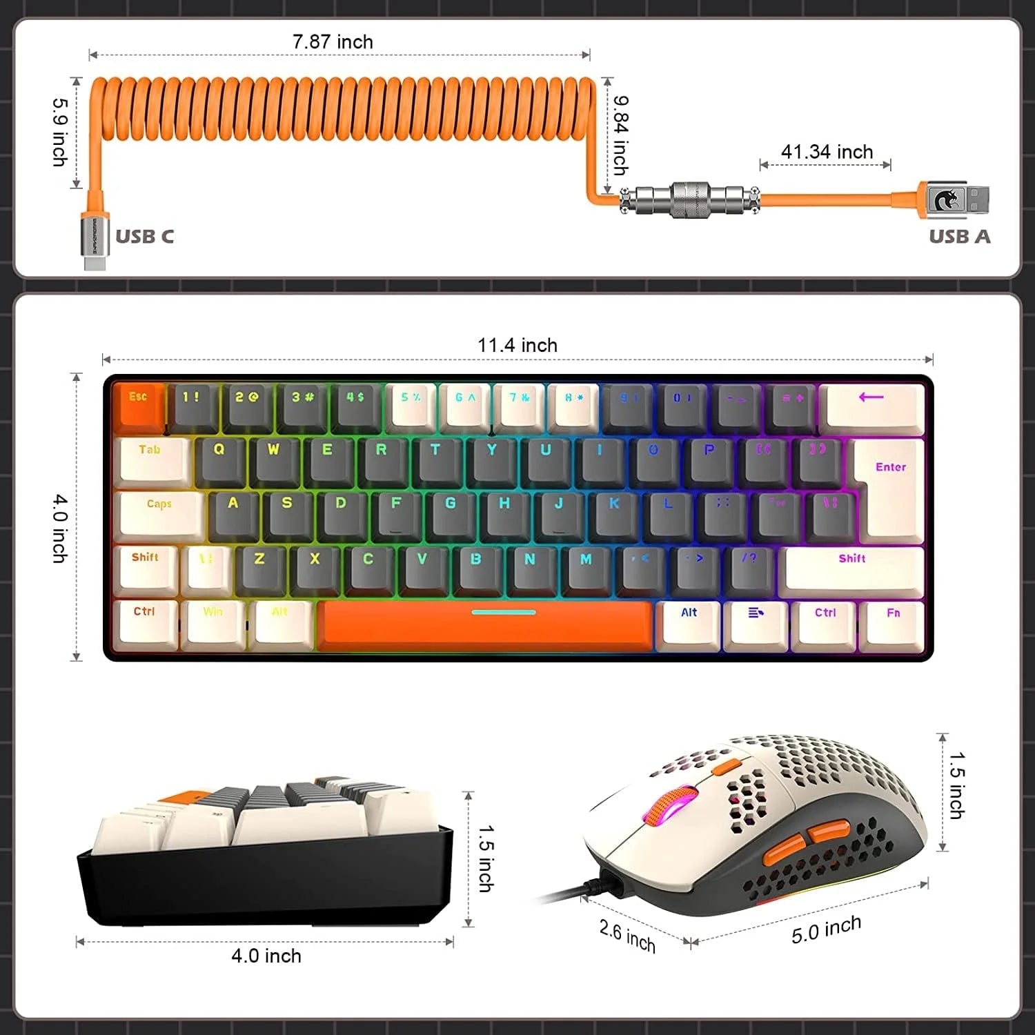 T60PRO 60% Mechanical Keyboard and Mouse Combo+Coiled USB C Cable, Compact RGB LED Backlit Keyboard, Clicky Blue Switch, 6400 DPI Programmable RGB Mouse for PC Mac Gamer(Gray&Orange)