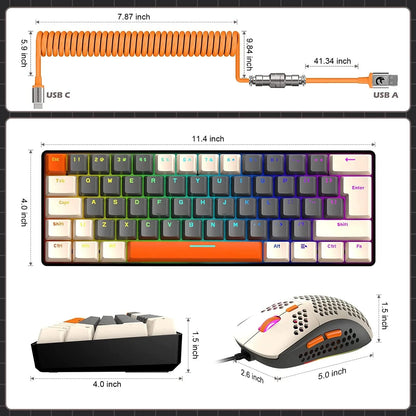 T60PRO 60% Mechanical Keyboard and Mouse Combo+Coiled USB C Cable, Compact RGB LED Backlit Keyboard, Clicky Blue Switch, 6400 DPI Programmable RGB Mouse for PC Mac Gamer(Gray&Orange)