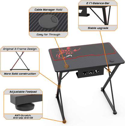 31'' Gaming Desk, X-Shape Computer Desk with Free Mouse Pad, Cup Holder& Headphone Hook & Controller Stand, Gamer Workstation for Home Office, Black