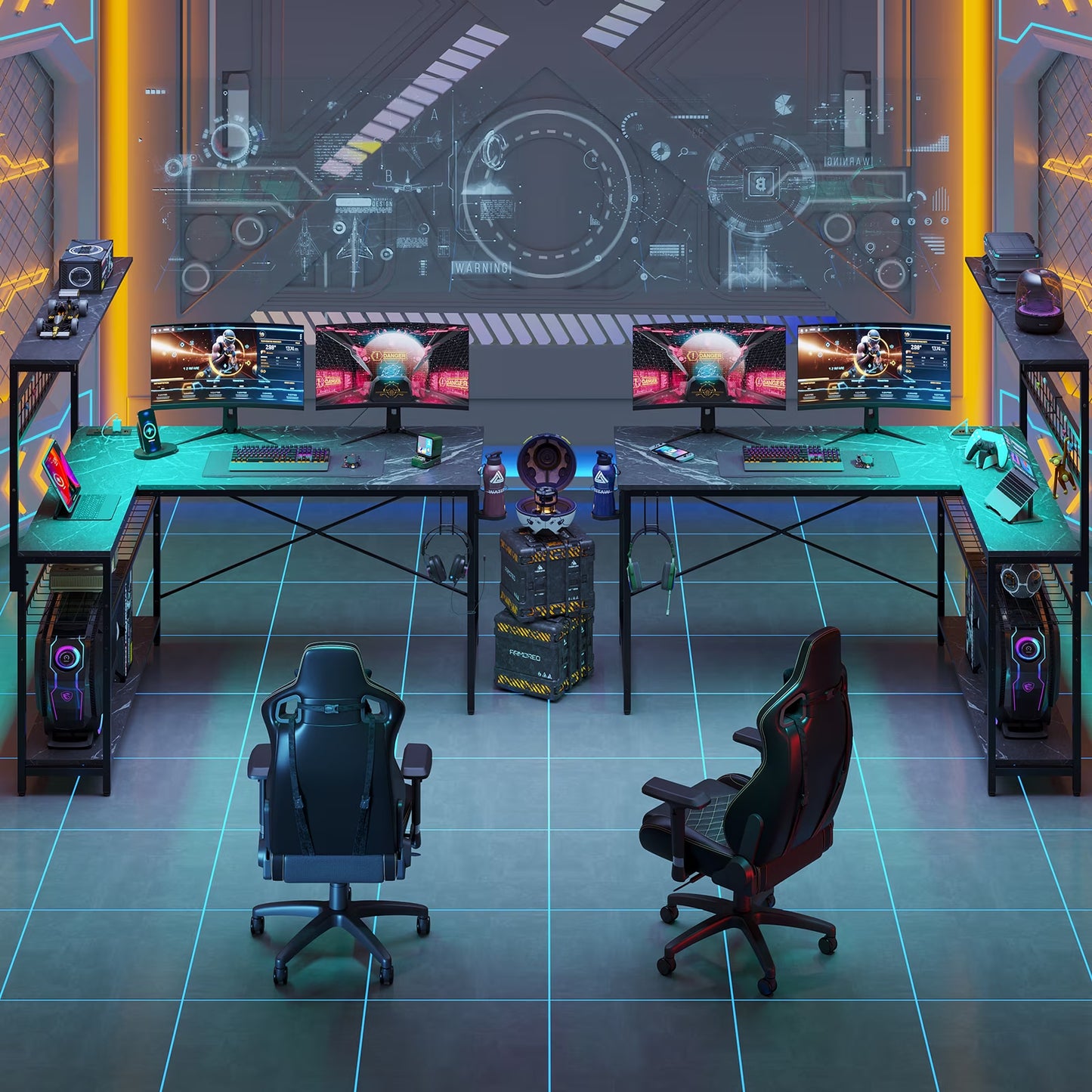 51 L Shaped Gaming Desk with Power Outlets, LED Workstation with 4 Tiers Shelves for Home Office, Gamer Reversible Table with Hooks and Cup Holder, Black Marble