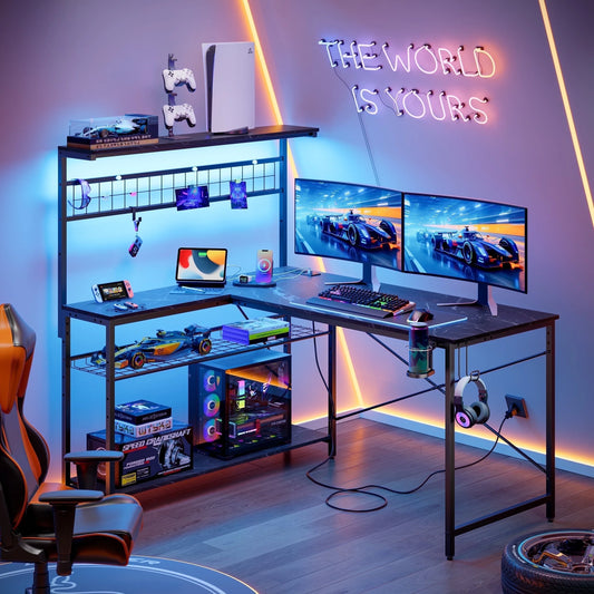 51 L Shaped Gaming Desk with Power Outlets, LED Workstation with 4 Tiers Shelves for Home Office, Gamer Reversible Table with Hooks and Cup Holder, Black Marble