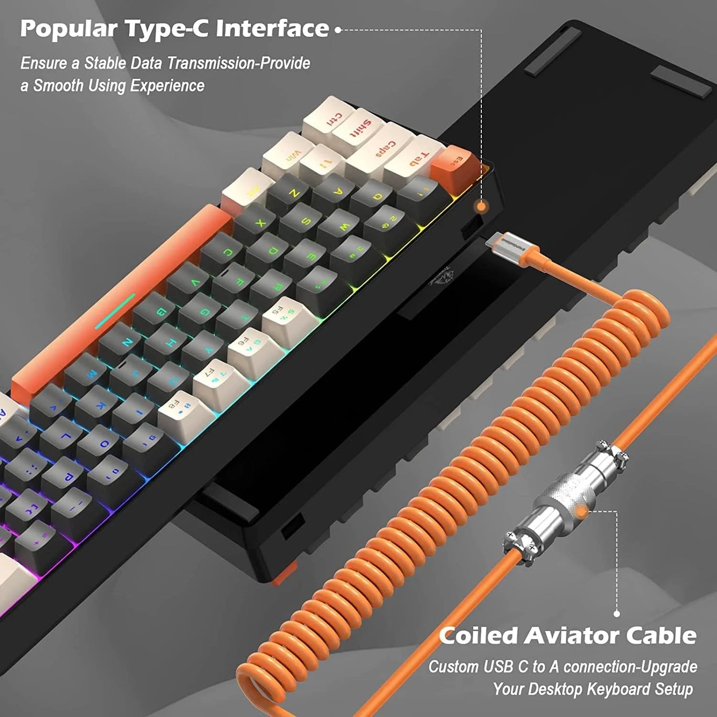 T60PRO 60% Mechanical Keyboard and Mouse Combo+Coiled USB C Cable, Compact RGB LED Backlit Keyboard, Clicky Blue Switch, 6400 DPI Programmable RGB Mouse for PC Mac Gamer(Gray&Orange)