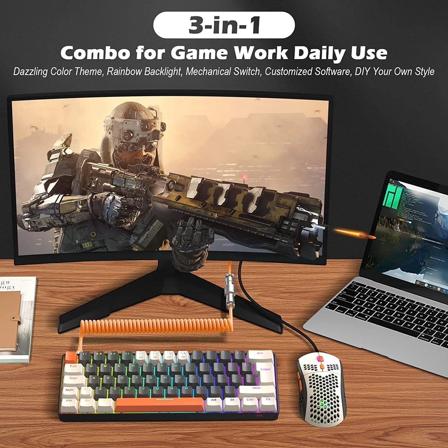 T60PRO 60% Mechanical Keyboard and Mouse Combo+Coiled USB C Cable, Compact RGB LED Backlit Keyboard, Clicky Blue Switch, 6400 DPI Programmable RGB Mouse for PC Mac Gamer(Gray&Orange)
