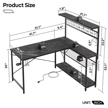 51 L Shaped Gaming Desk with Power Outlets, LED Workstation with 4 Tiers Shelves for Home Office, Gamer Reversible Table with Hooks and Cup Holder, Black Marble