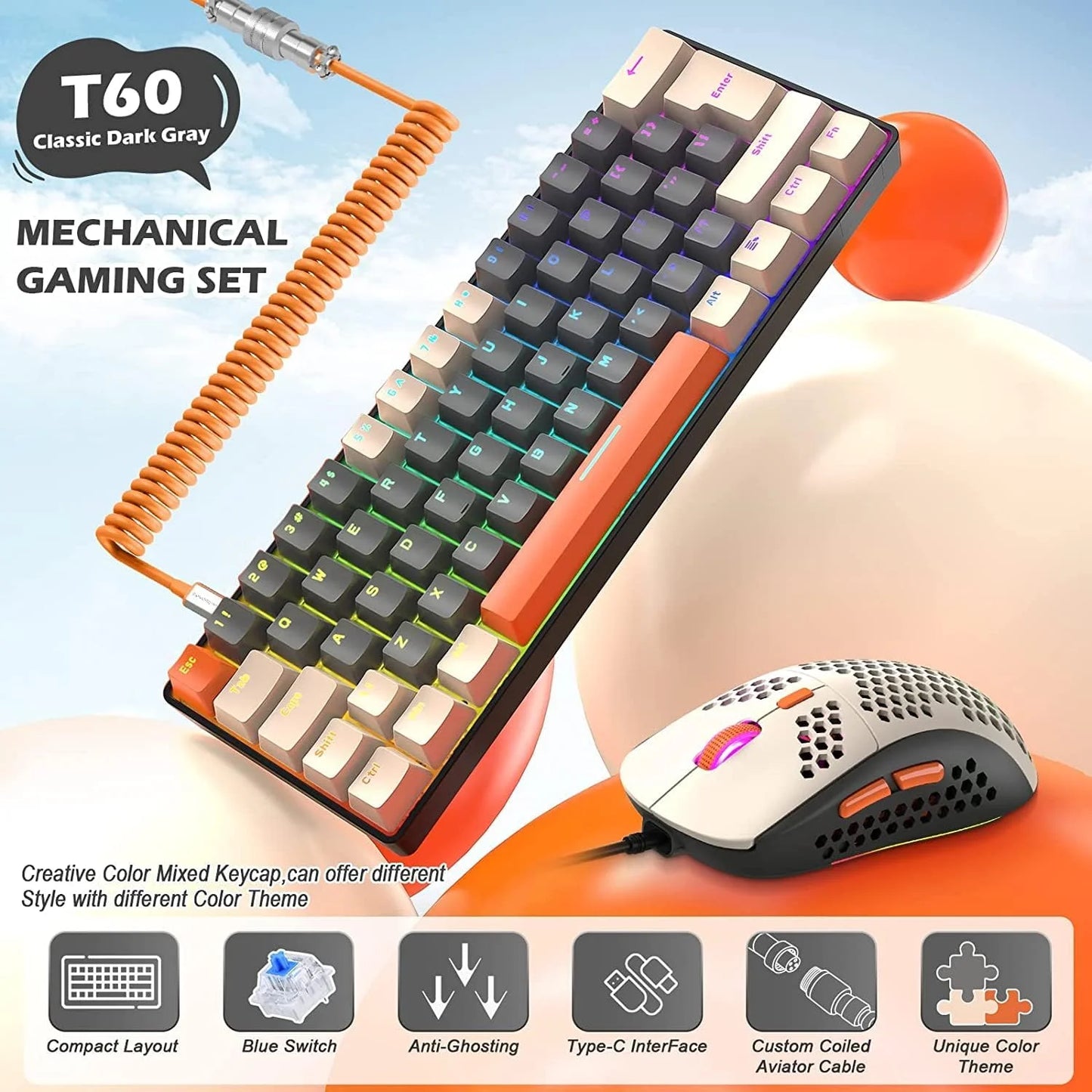 T60PRO 60% Mechanical Keyboard and Mouse Combo+Coiled USB C Cable, Compact RGB LED Backlit Keyboard, Clicky Blue Switch, 6400 DPI Programmable RGB Mouse for PC Mac Gamer(Gray&Orange)