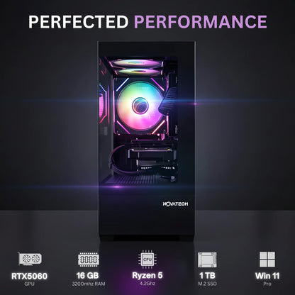 Titan Pro - Prebuilt Gaming PC Desktop Computer - RTX 5060 - Ryzen 5 - 4.2Ghz - 16GB RAM - 1TB M.2 SSD Wifi/Bt, Win 11 - Gaming Computer Tower - Pre Built PC Gaming - 1 Year Warranty