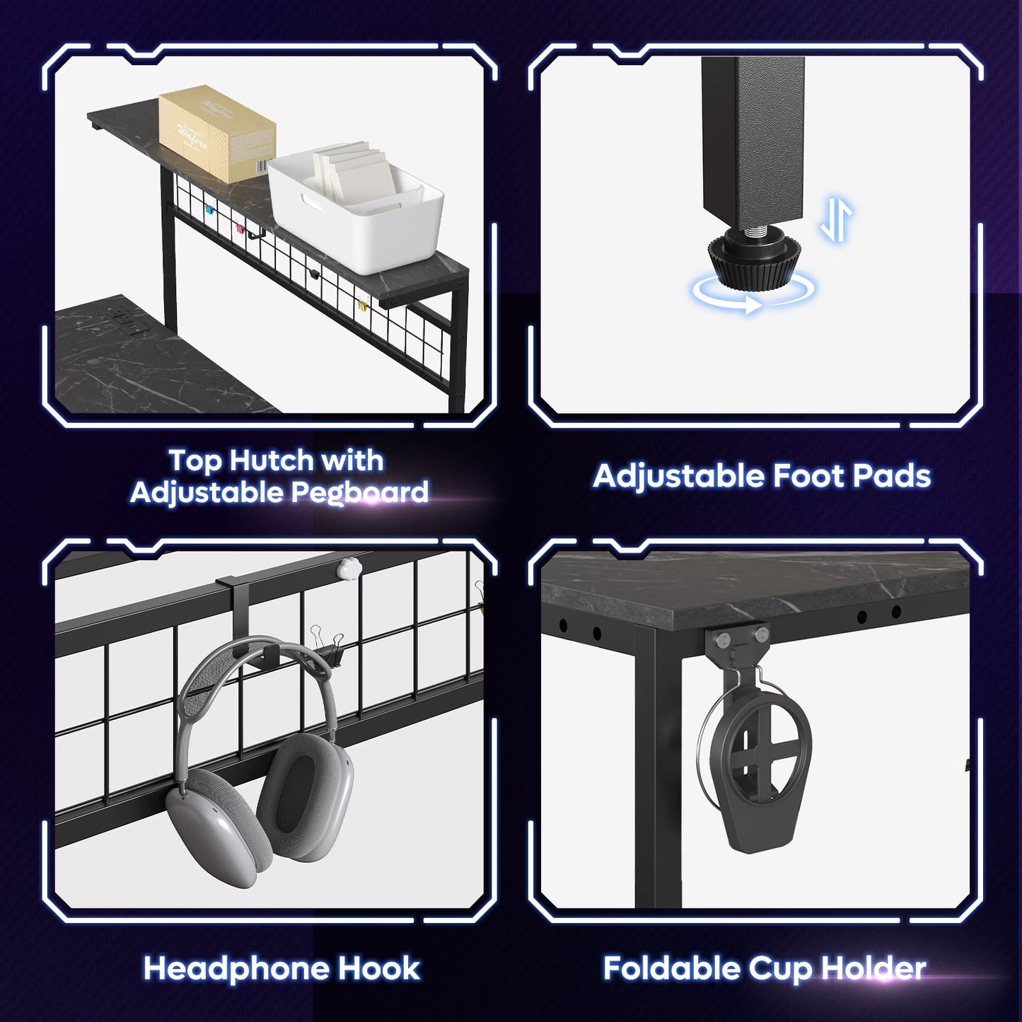 51 L Shaped Gaming Desk with Power Outlets, LED Workstation with 4 Tiers Shelves for Home Office, Gamer Reversible Table with Hooks and Cup Holder, Black Marble