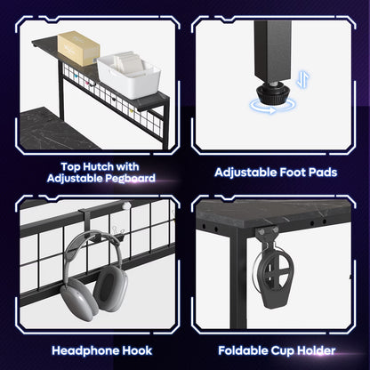 51 L Shaped Gaming Desk with Power Outlets, LED Workstation with 4 Tiers Shelves for Home Office, Gamer Reversible Table with Hooks and Cup Holder, Black Marble