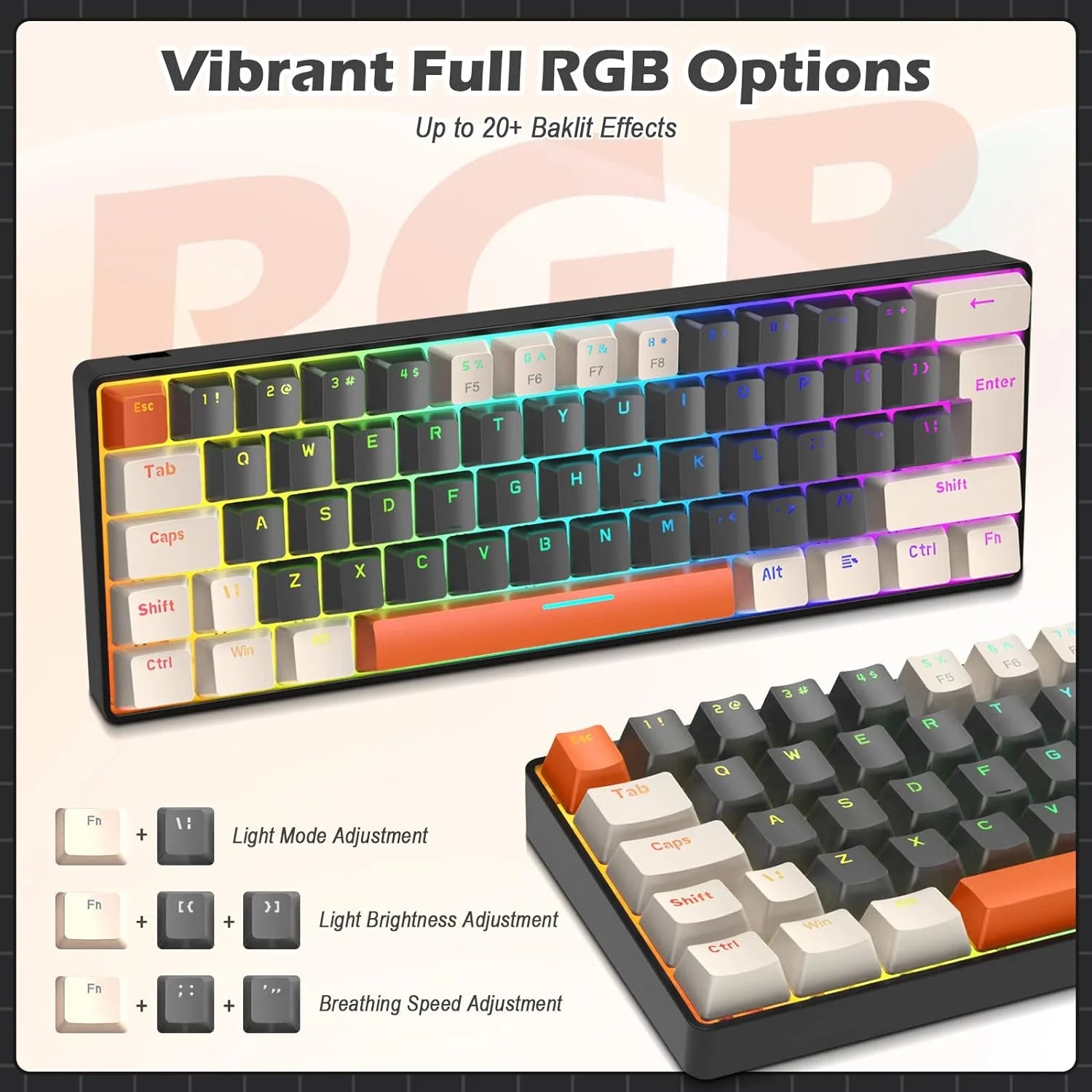 T60PRO 60% Mechanical Keyboard and Mouse Combo+Coiled USB C Cable, Compact RGB LED Backlit Keyboard, Clicky Blue Switch, 6400 DPI Programmable RGB Mouse for PC Mac Gamer(Gray&Orange)